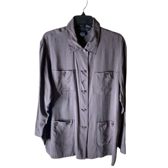 August Silk 100% Silk Blouse Womens Size Large Button Front Pockets Long Sleeves - Picture 1 of 7